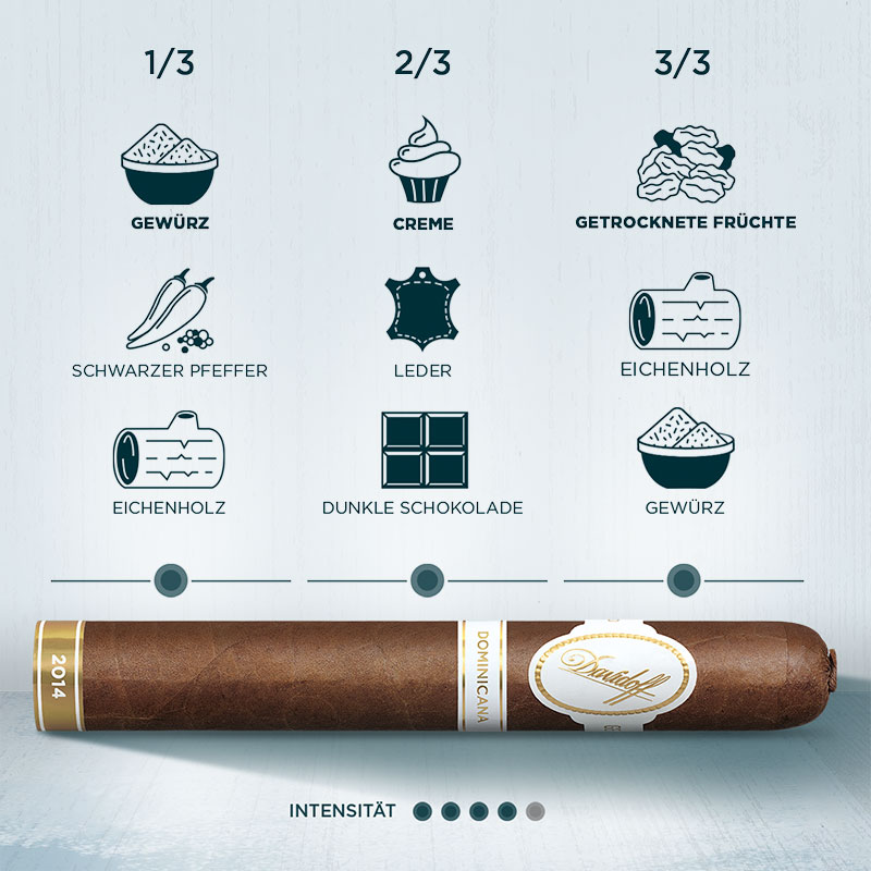 Infografik – Zigarre mit allen Aromen einer Davidoff Dominicana Zigarre, wie beispielsweise frischen Gewürzen, Crème und getrockneten Früchten
