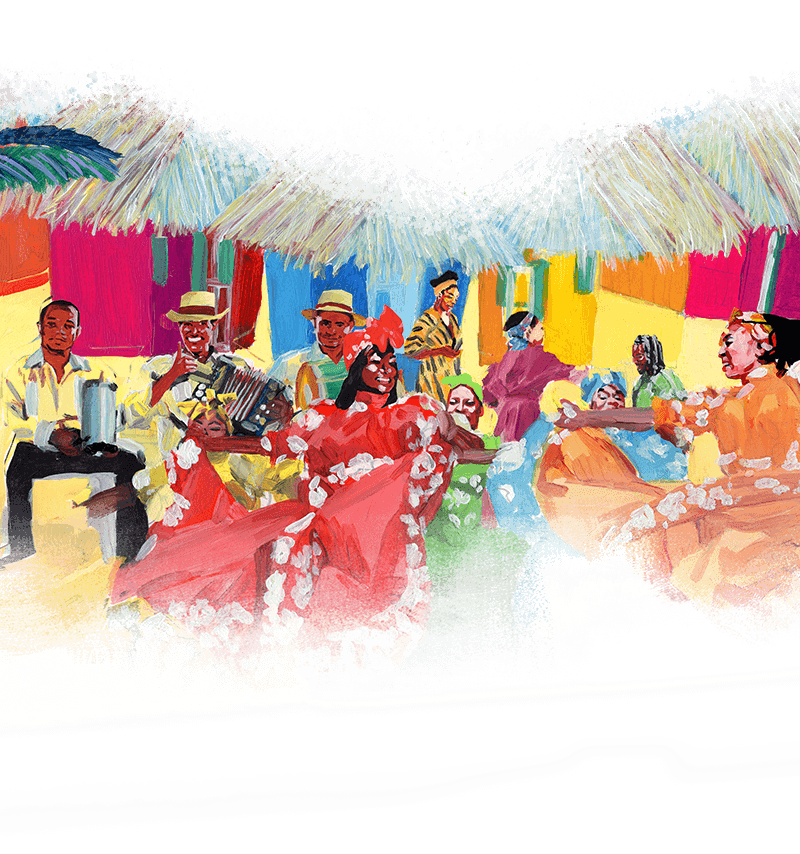 Ein farbenfrohes Kunstwerk einer dominikanischen Szenerie – tanzende Frauen und Musiker und im Hintergrund Palmen und Hütten