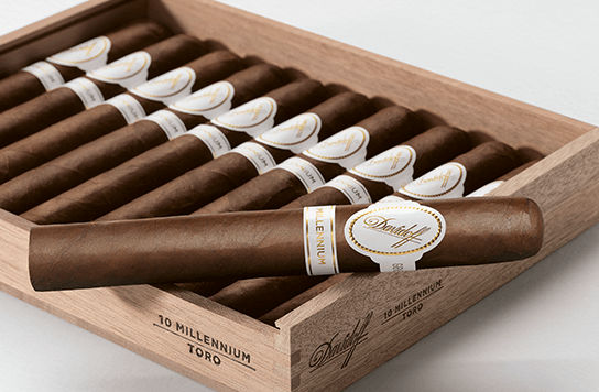 Davidoff Millennium cigars in their box with the lid open.