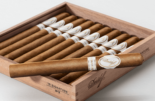 Davidoff Signature cigars in their box with the lid open.